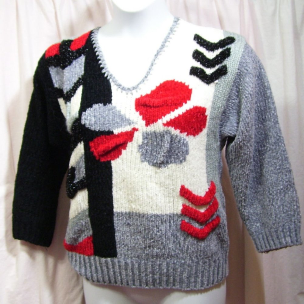 Gloria Vanderbilt, Sweater Boucle Red ,Gray, Black White, Size M NWOT